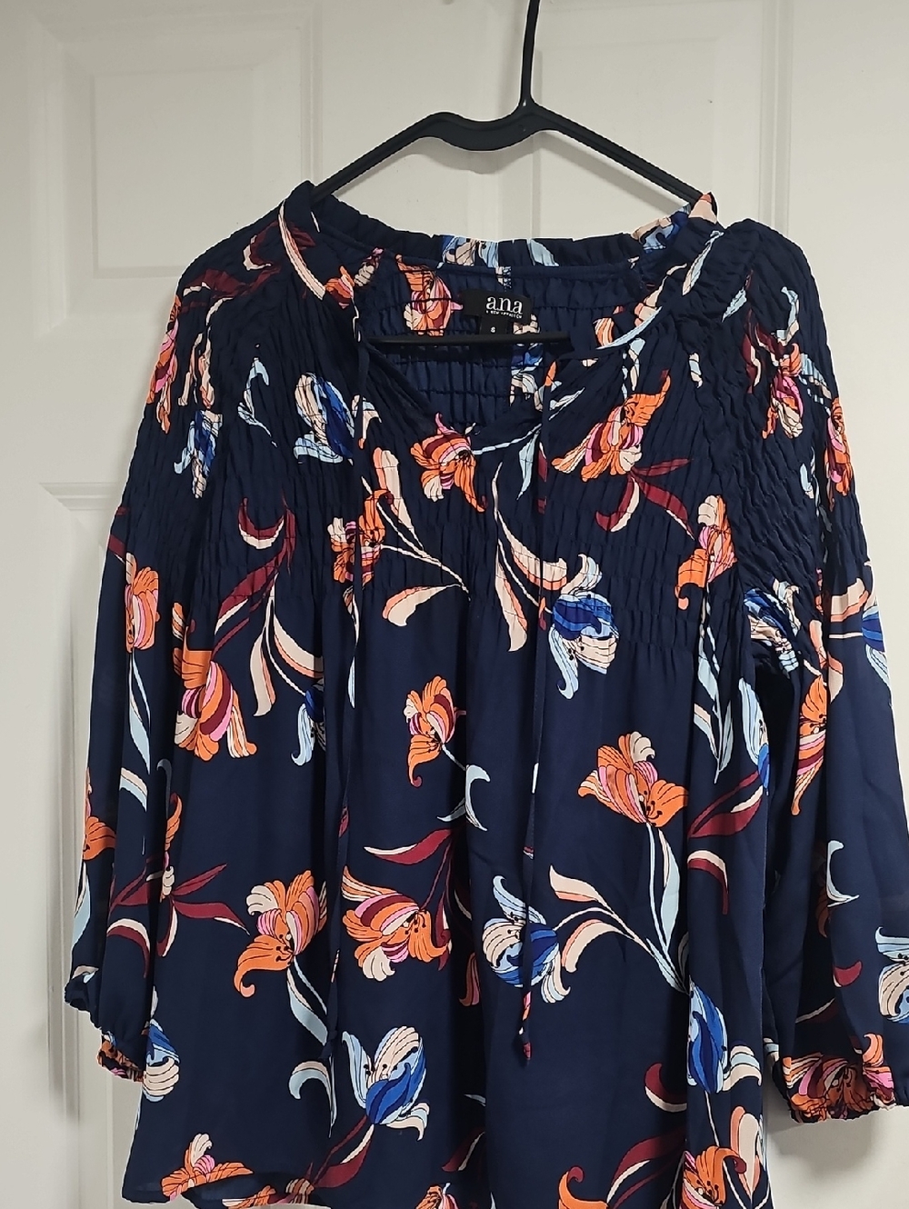 a.n.a Navy Floral Peasant Blouse with Orange & Light Blue Blooms